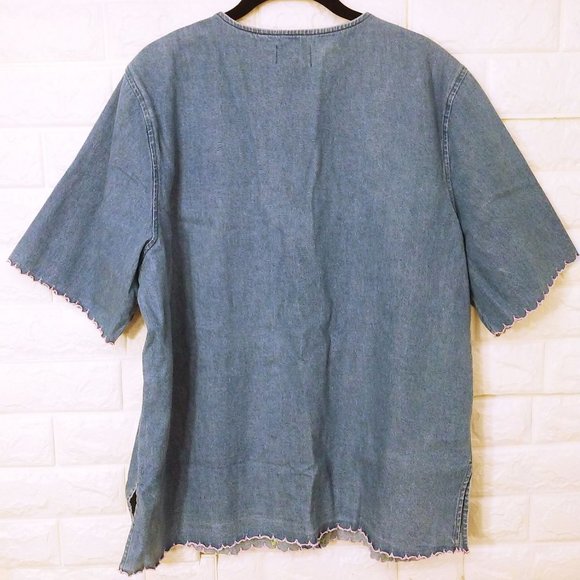 Vintage 80s Toffee Apple Denim Shirt -L Embroidered Daisies Button-Up Vents SS - Picture 9 of 10